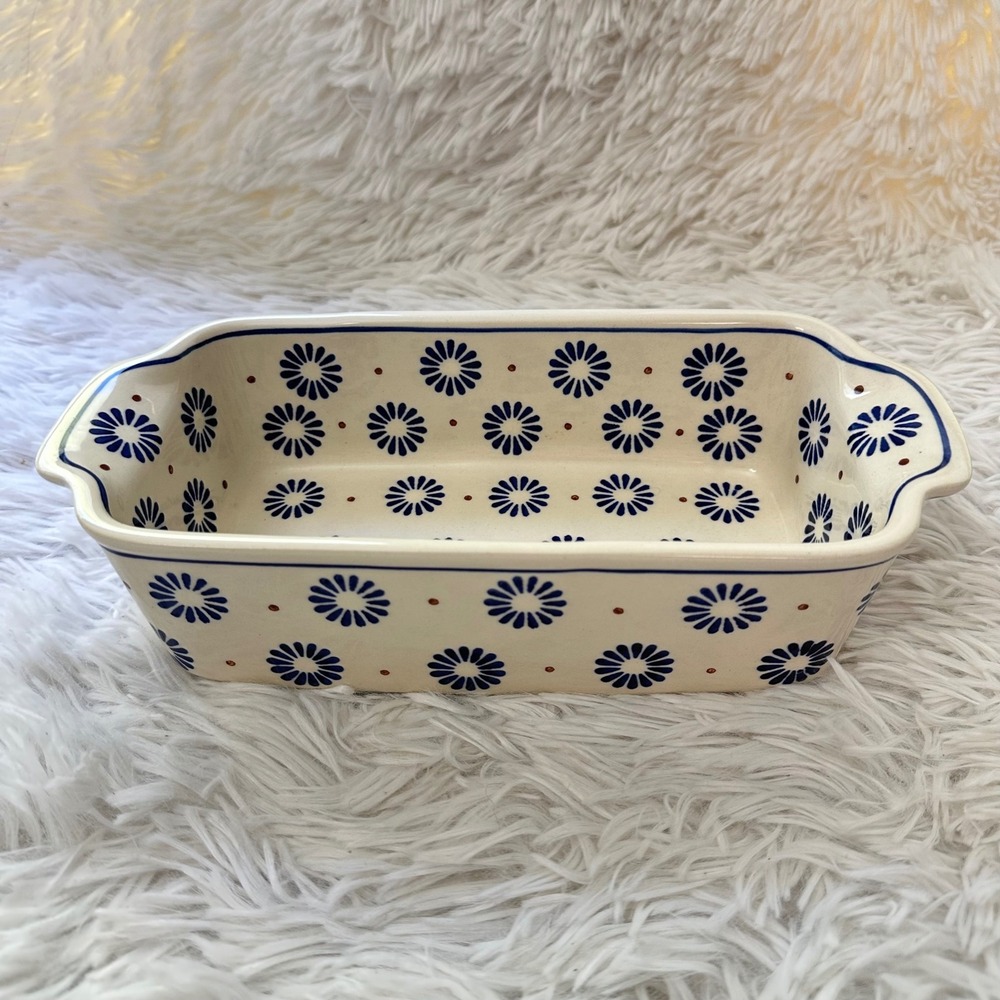 Polish Pottery Loaf Baker with Handles Aster Blues Pattern Boleslawiec